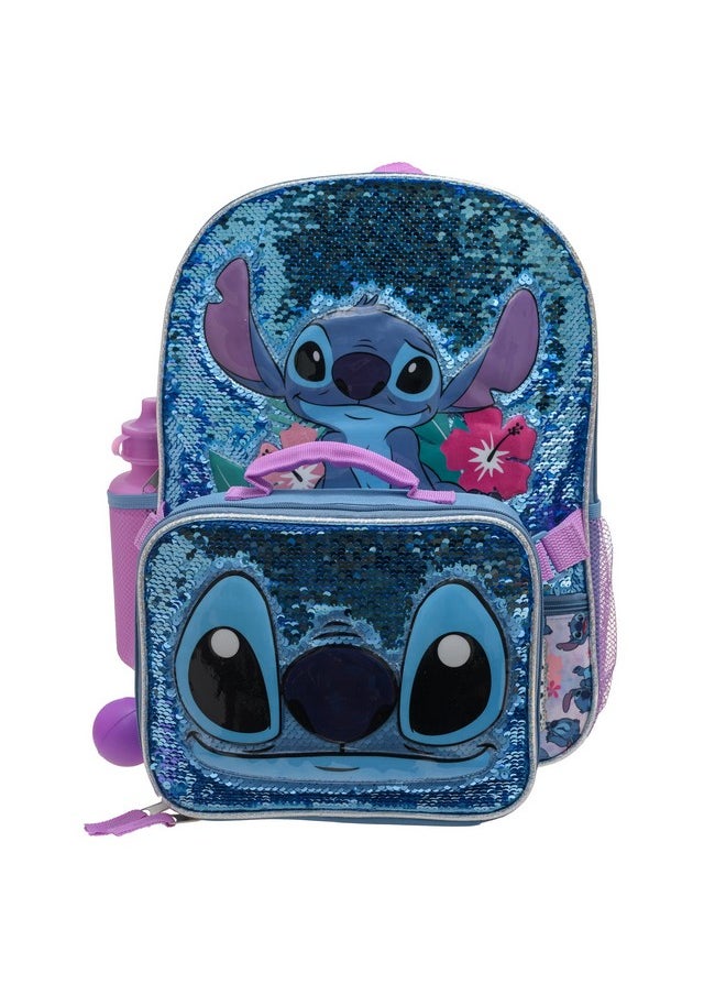 Disney Disney Lilo & Stitch Girls 4 Piece Backpack Set, Flip Sequin 16" School Bag with Front Zip Pocket, Blue  - Image 2