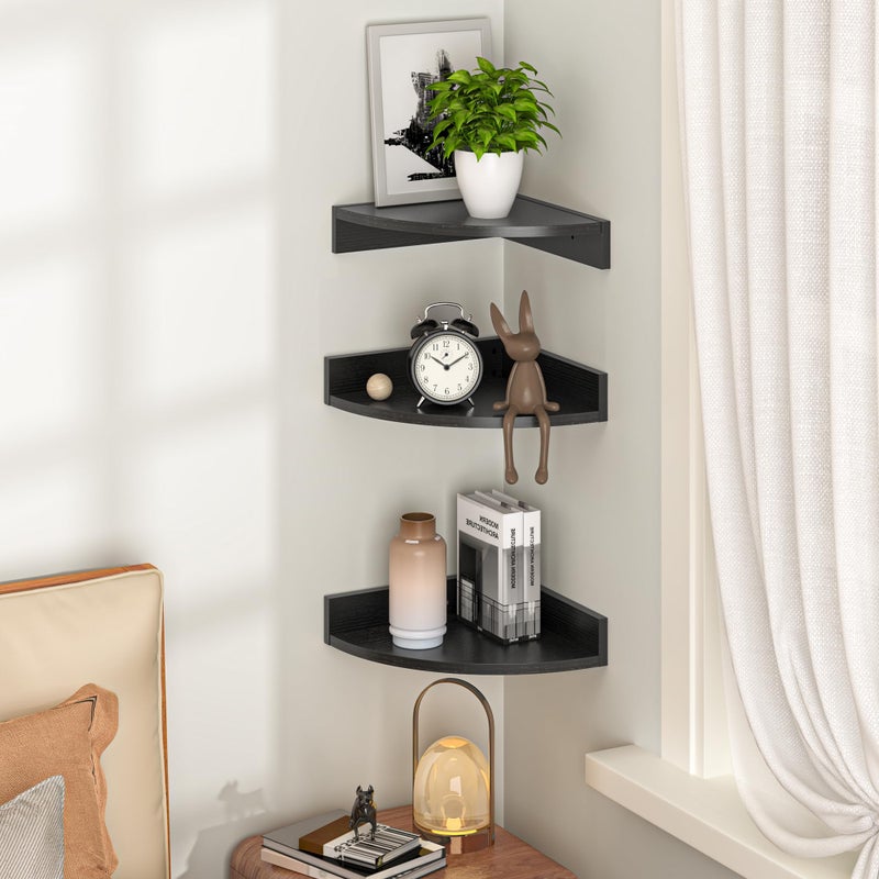 Fun Memories Corner Shelf Wall Mount, Wood Floating Corner Shelves, Corner Wall Shelf for Bedroom, Bathroom, Kitchen, Living Room (Black, 3 Pack) - Image 2