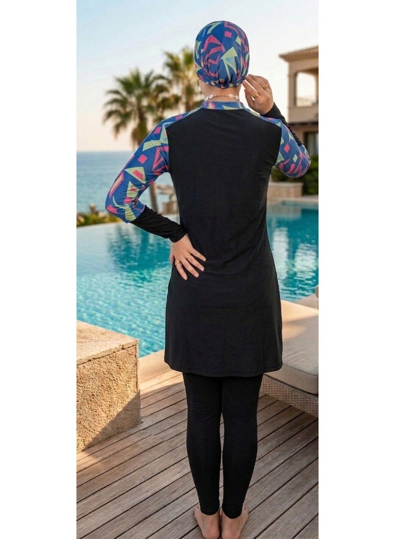 مايوه بوركيني تغطية كاملة مكون من 4 قطع (جمبسوت - تربونة - سكيرت - سكارف) - Image 3