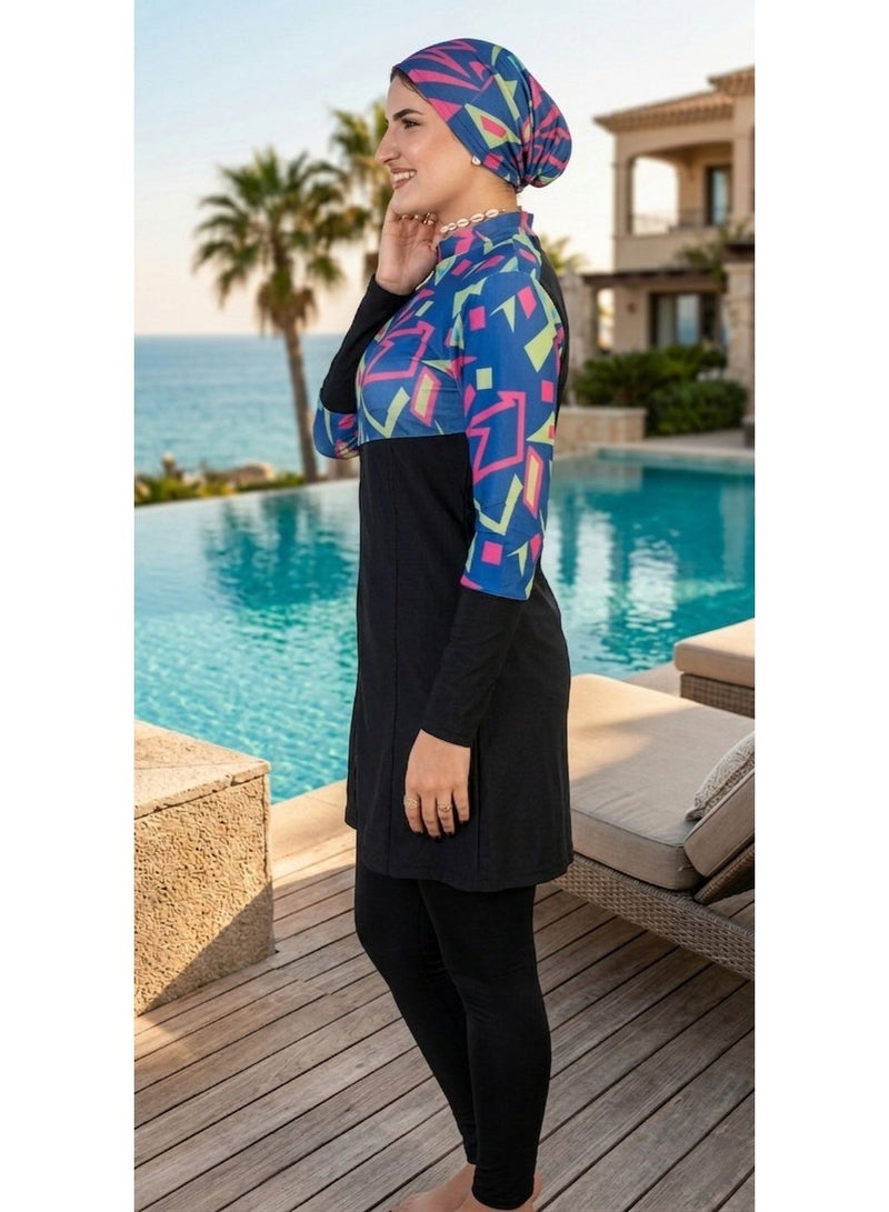 مايوه بوركيني تغطية كاملة مكون من 4 قطع (جمبسوت - تربونة - سكيرت - سكارف) - Image 2