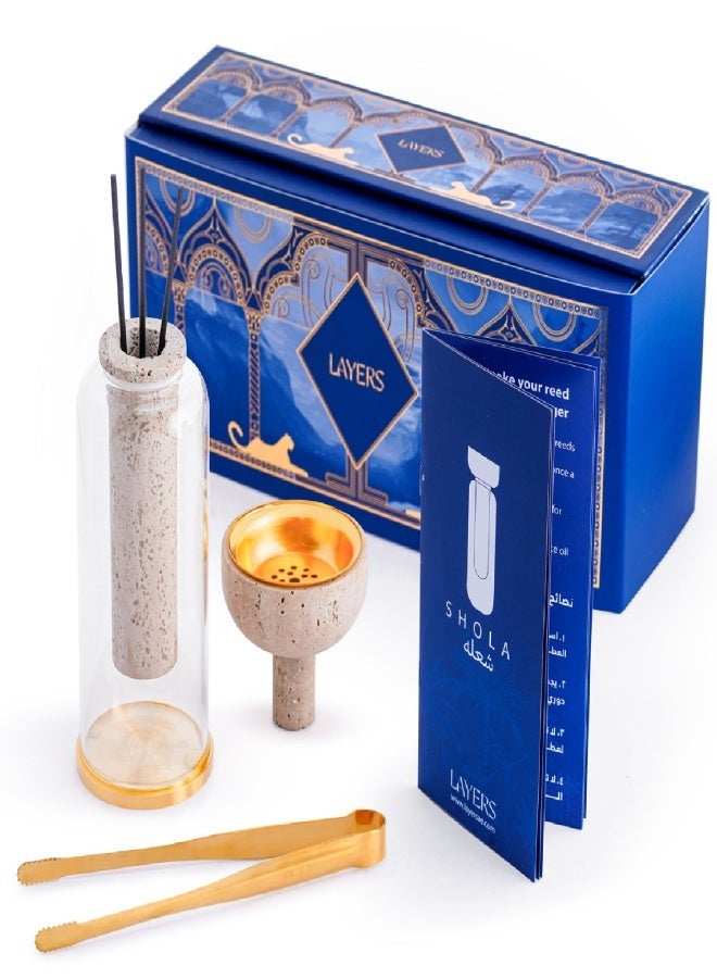Layers Shola (Beige Travertine) 2-in-1 Reed Diffuser & Incense Burner – Natural Marble, Glass & Brass - Image 4