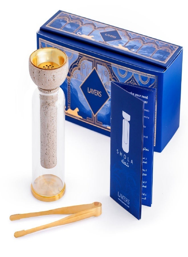 Layers Shola (Beige Travertine) 2-in-1 Reed Diffuser & Incense Burner – Natural Marble, Glass & Brass - Image 1