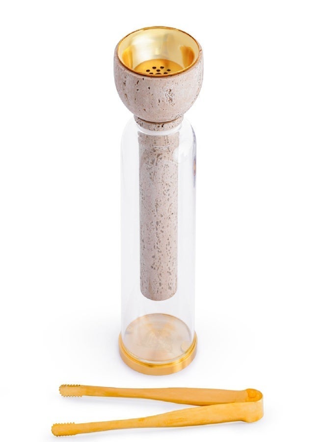 Layers Shola (Beige Travertine) 2-in-1 Reed Diffuser & Incense Burner – Natural Marble, Glass & Brass - Image 2