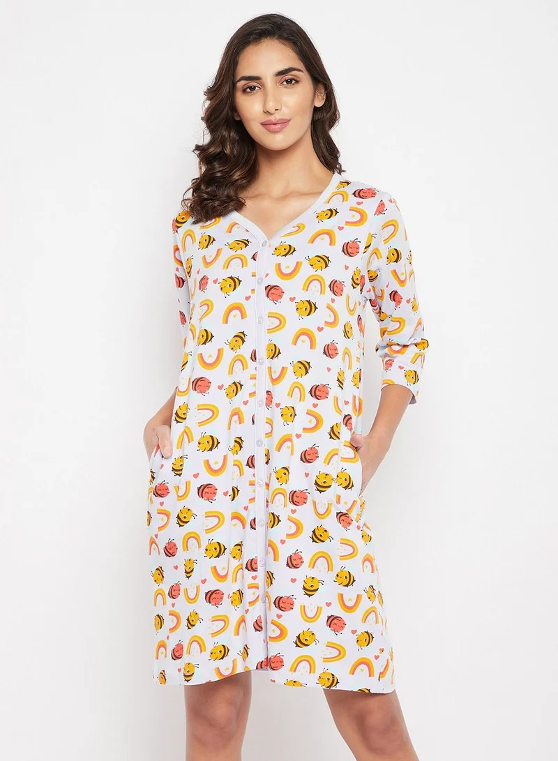 كلوفيا Clovia Bee Print Button Down Short Night Dress In White - 100% Cotton