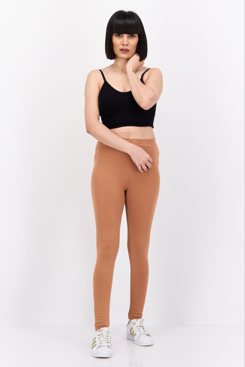 NA-KD Women Brand Logo Pull-On Leggings, Mocha - Image 4