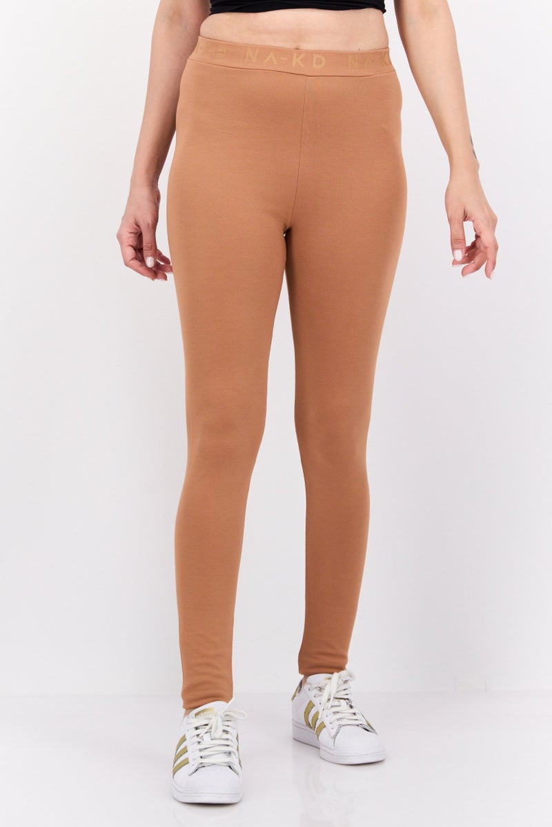 NA-KD Women Brand Logo Pull-On Leggings, Mocha - Image 1