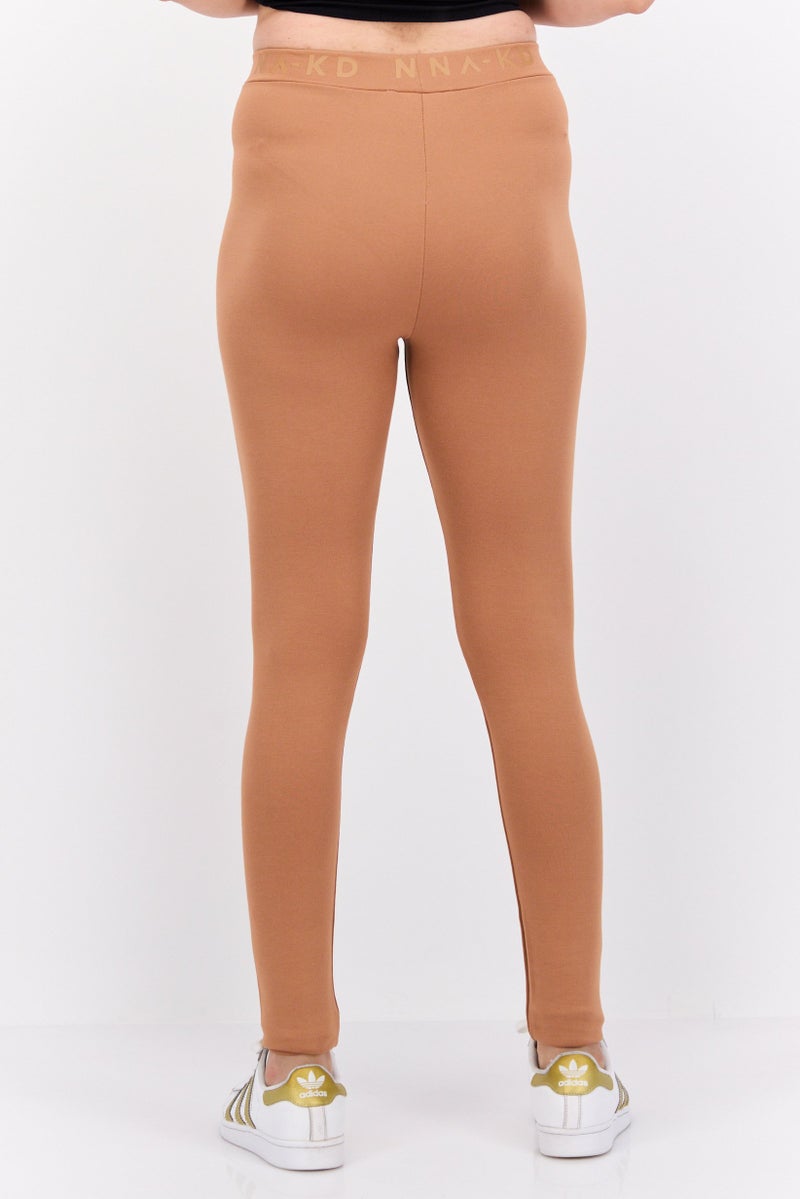 NA-KD Women Brand Logo Pull-On Leggings, Mocha - Image 2