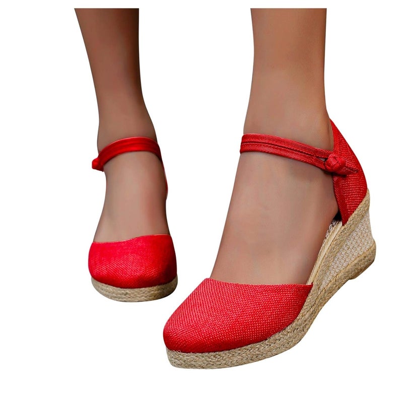 woobles Sandals for Women Dressy,Women Comfy Closed Toe Sandals Espadrilles Wedge Platform Shoe Summer Walking Casual Ankle Strap Sandals (Red, 6.5-7) - Image 3