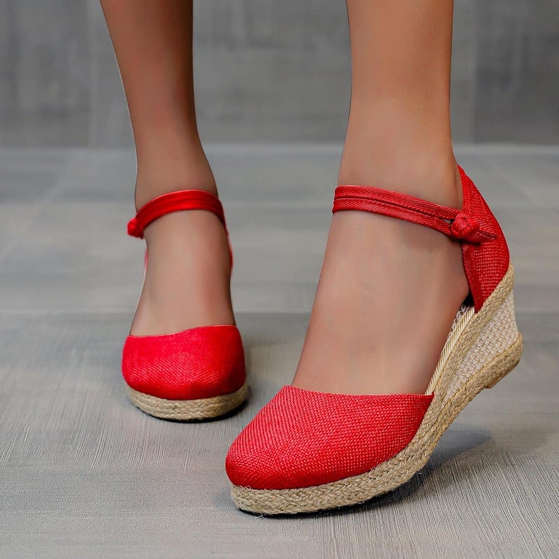 woobles Sandals for Women Dressy,Women Comfy Closed Toe Sandals Espadrilles Wedge Platform Shoe Summer Walking Casual Ankle Strap Sandals (Red, 6.5-7) - Image 4