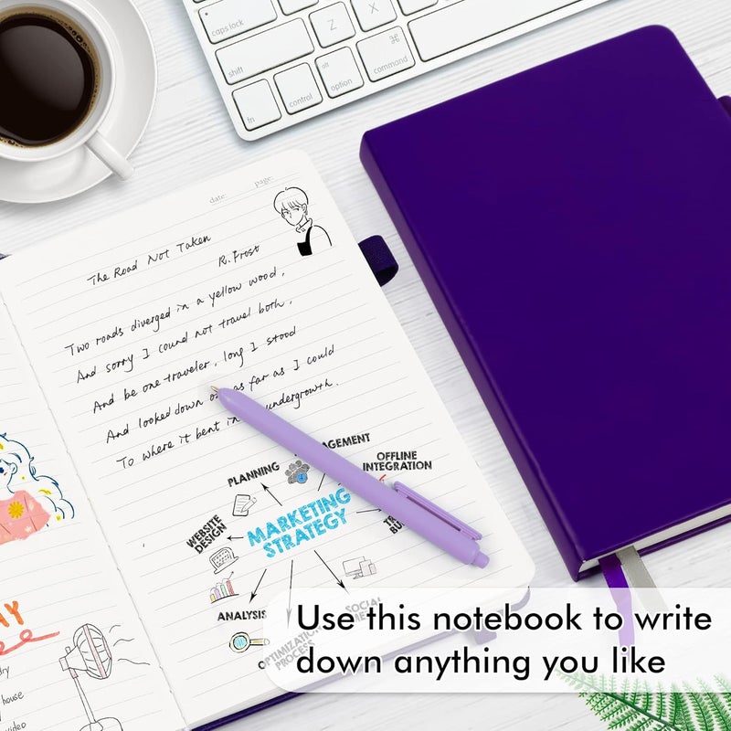 Feela 5 Pack Journal Notebook Bulk for School, Hardcover Business Notebooks Classic Ruled Lined Journals with Pen Holder for Work Note Taking, with 5 Black Pens, 120 GSM, 5.1”x8.3”, A5, Purple - Image 4
