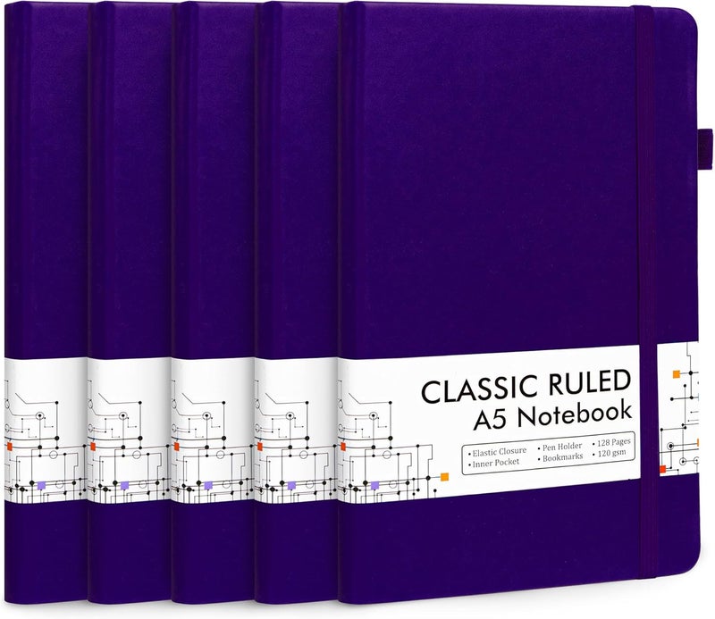 Feela 5 Pack Journal Notebook Bulk for School, Hardcover Business Notebooks Classic Ruled Lined Journals with Pen Holder for Work Note Taking, with 5 Black Pens, 120 GSM, 5.1”x8.3”, A5, Purple - Image 1