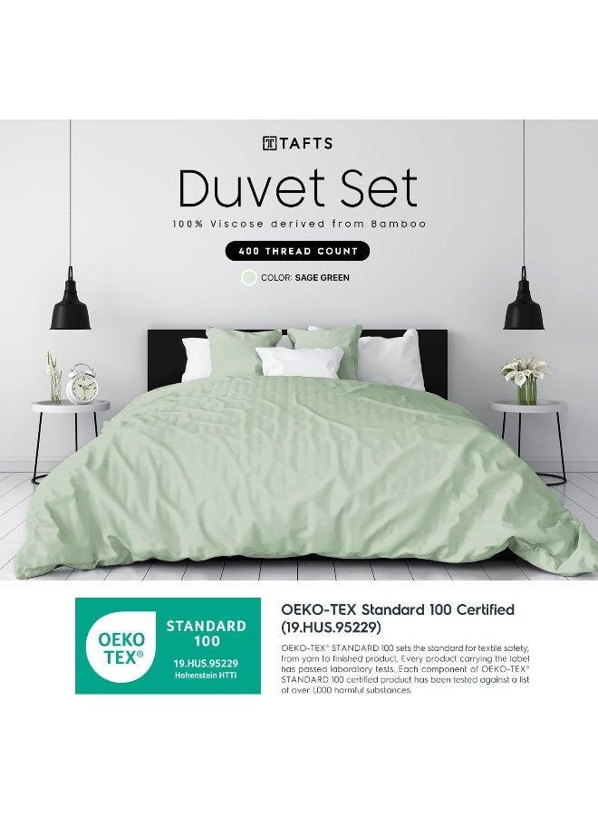 TAFTS Bamboo Duvet Cover Set, King Size - 100% Bamboo Viscose Duvet Set - 400TC Bamboo Duvet & 2 Pillow Shams - 3 Pieces - Silk Feel, Cooling, Anti-Static (Sage Green)  - Image 2