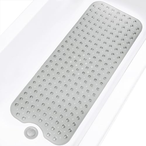 Linoows Bathtub and Shower Mats, Extra Long Non-Slip Bath Tub Mat 39 x 16 Inch, Machine Washable Bathmat with Suction Cups & Drain Holes for Bathroom Floor, Clear Grey - Image 1