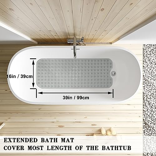 Linoows Bathtub and Shower Mats, Extra Long Non-Slip Bath Tub Mat 39 x 16 Inch, Machine Washable Bathmat with Suction Cups & Drain Holes for Bathroom Floor, Clear Grey - Image 3
