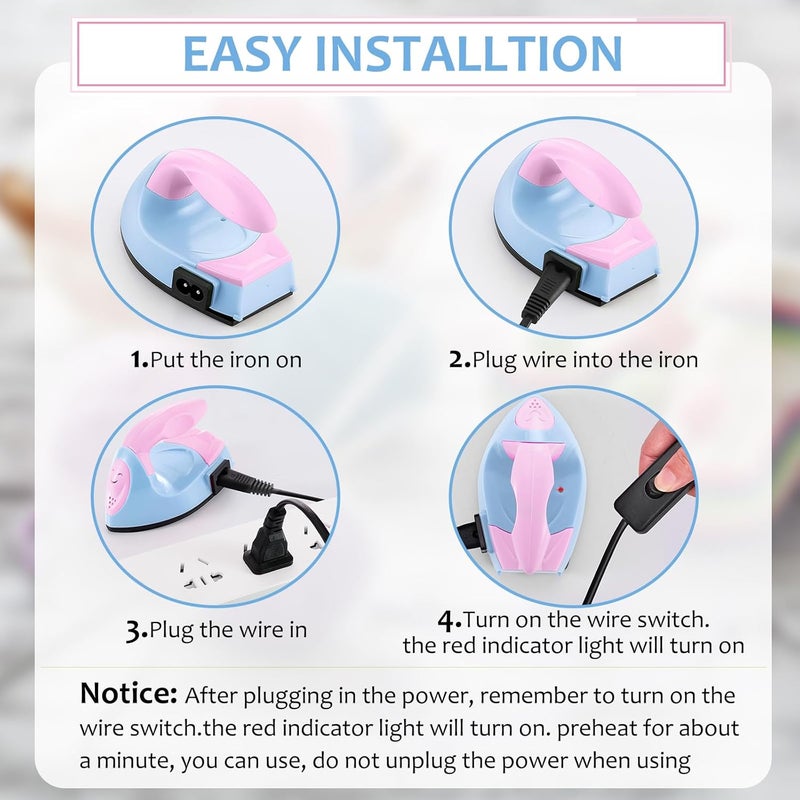 Honoson Mini Craft Iron Mini Heat Press Small Iron Portable Handy Tiny Flatiron with Charging Base Accessories for Fuse Beads Patch DIY T-shirts heat Transfer Vinyl Projects(Light Pink, Light Blue) - Image 3