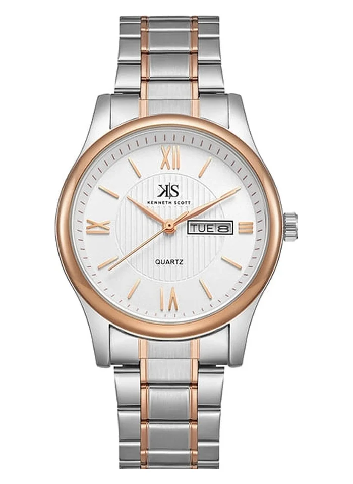 KENNETH SCOTT Kenneth Scott K23029-KBKW Men's Analog Display Watch & Stainless Steel Strap Rose Gold