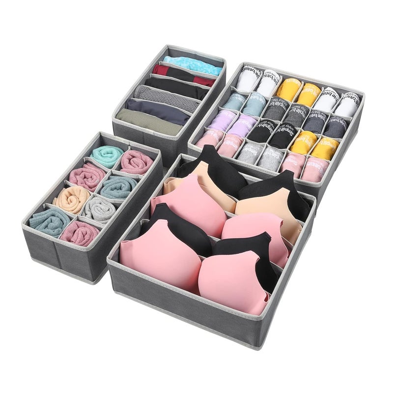 MIAPPI HOME FURNISHINGS 4 Pc Fabric Foldable Closet Drawer Dividers Dresser Cabinet Storage Box Basket Bins Rack Shelves Wardrobe Organizer for ClothesLingerie Underwear Undergarments Bra PantiesSocks TieGrey - Image 1