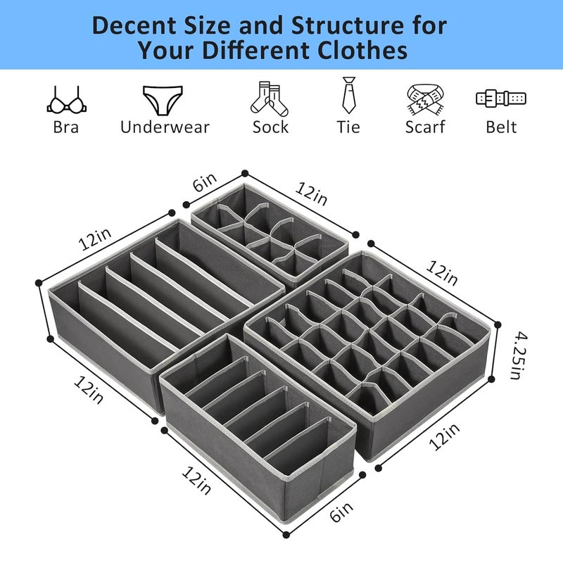 MIAPPI HOME FURNISHINGS 4 Pc Fabric Foldable Closet Drawer Dividers Dresser Cabinet Storage Box Basket Bins Rack Shelves Wardrobe Organizer for ClothesLingerie Underwear Undergarments Bra PantiesSocks TieGrey - Image 2