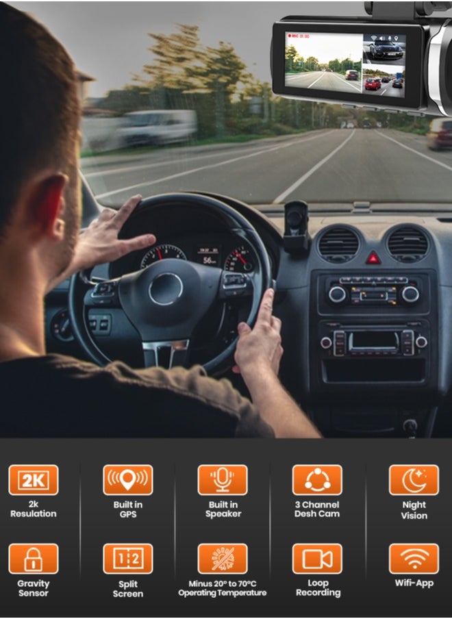 RFAQK 4K Dash Cam 3 Channel Dash Cam Front Rear And Interior Dash Cam Car Camera  - Image 3