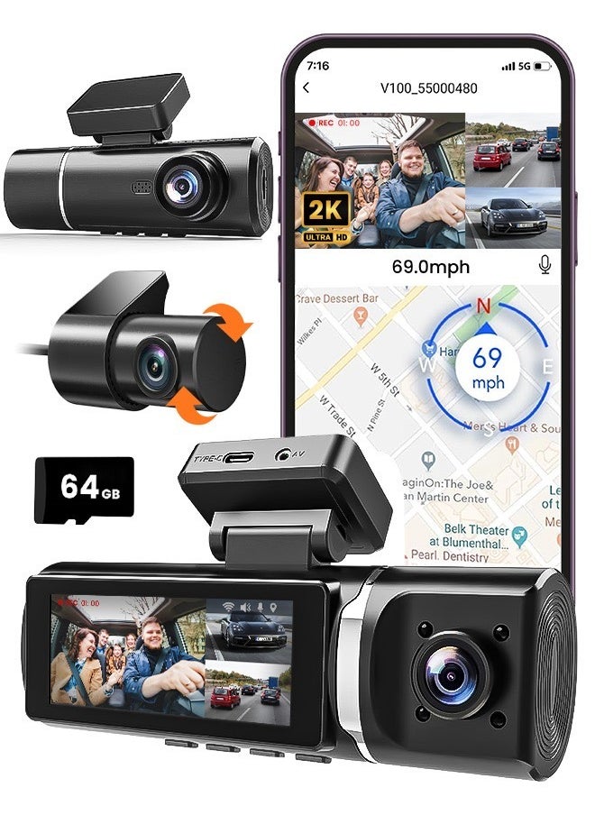 RFAQK 4K Dash Cam 3 Channel Dash Cam Front Rear And Interior Dash Cam Car Camera  - Image 1