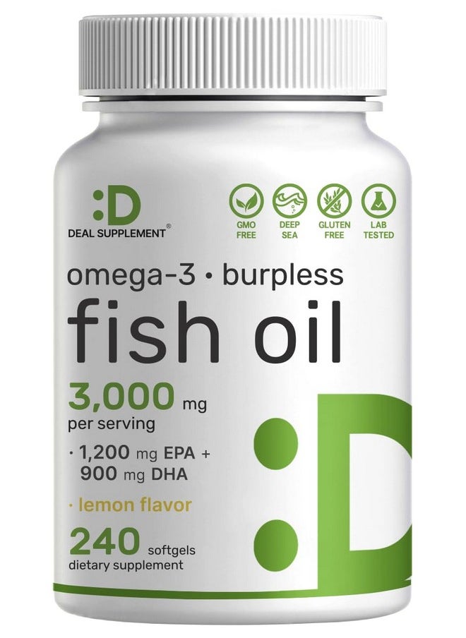 ملحق الصفقة - DEAL SUPPLEMENT مكملات زيت السمك أوميجا 3، 3000 مجم لكل وجبة، 240 كبسولة هلامية - EPA 1200 مجم + DHA 900 مجم - حبوب بدون تجشؤ، بنكهة الليمون، من البرية - لدعم الدماغ والقلب - خالية من الزئبق، غير معدلة وراثيًا - Image 1