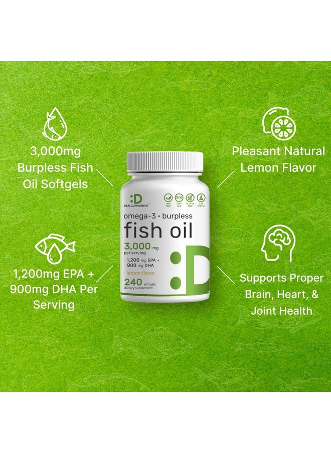 ملحق الصفقة - DEAL SUPPLEMENT مكملات زيت السمك أوميجا 3، 3000 مجم لكل وجبة، 240 كبسولة هلامية - EPA 1200 مجم + DHA 900 مجم - حبوب بدون تجشؤ، بنكهة الليمون، من البرية - لدعم الدماغ والقلب - خالية من الزئبق، غير معدلة وراثيًا - Image 1