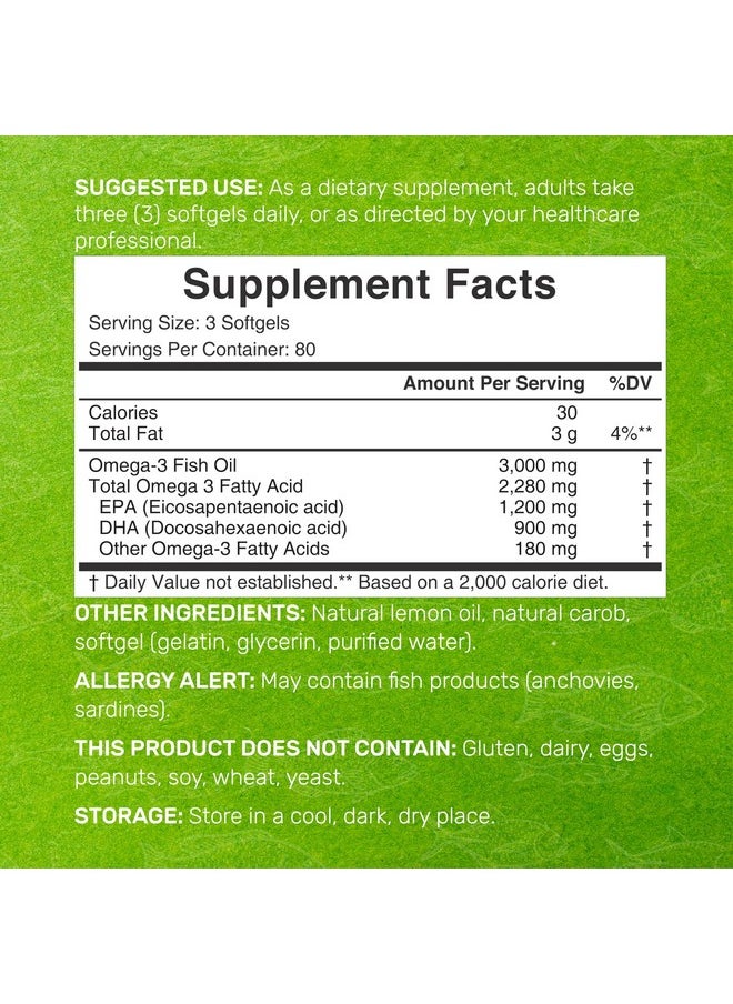 ملحق الصفقة - DEAL SUPPLEMENT مكملات زيت السمك أوميجا 3، 3000 مجم لكل وجبة، 240 كبسولة هلامية - EPA 1200 مجم + DHA 900 مجم - حبوب بدون تجشؤ، بنكهة الليمون، من البرية - لدعم الدماغ والقلب - خالية من الزئبق، غير معدلة وراثيًا - Image 1