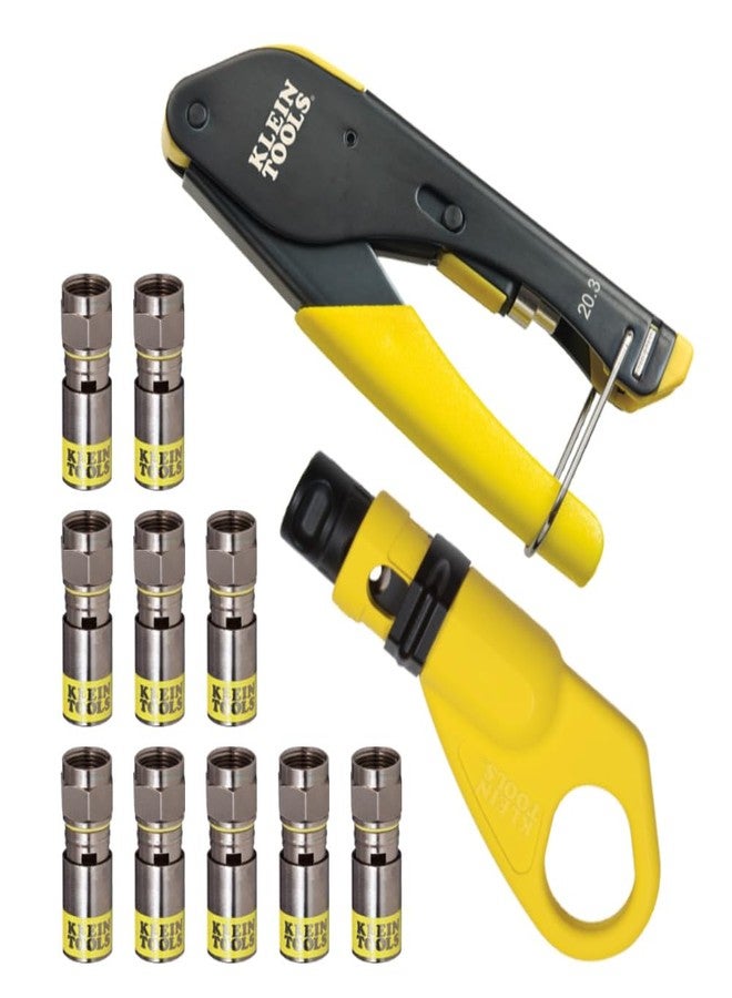 Klein Tools 80151 Coax Cable Compression Crimper and Stripper Set with 10-Pack of RG6/6Q F-Connectors for Fast and Reliable Installation, 3-Piece - Image 1