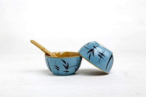 Caffeine Ceramic Handmade Golden Turquise Soup Bowl with Spoon (Set of 2)