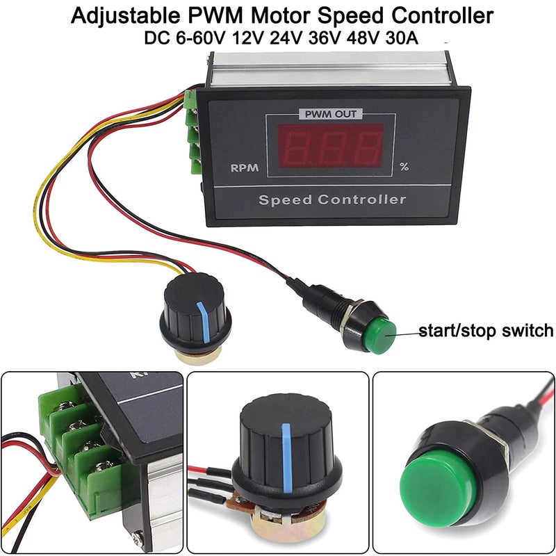 Greluma جريلوما قطعة واحدة، تحكم في سرعة محرك PWM قابل للتعديل بجهد DC 6-60V 12V 24V 36V 48V 30A، مع شاشة رقمية ومفتاح بدء/إيقاف - Image 2