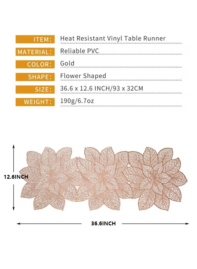فلاي رود مفارش طاولة ذهبية مقاس 36 بوصة، مفرش طاولة مقاوم للحرارة على شكل زهرة، مفرش طاولة من الفينيل مقاوم للماء وقابل للغسل لحفلات الزفاف والولائم وأعياد الميلاد والحفلات والمطاعم (زهرة على شكل وردة من الذهب الوردي) - Image 2