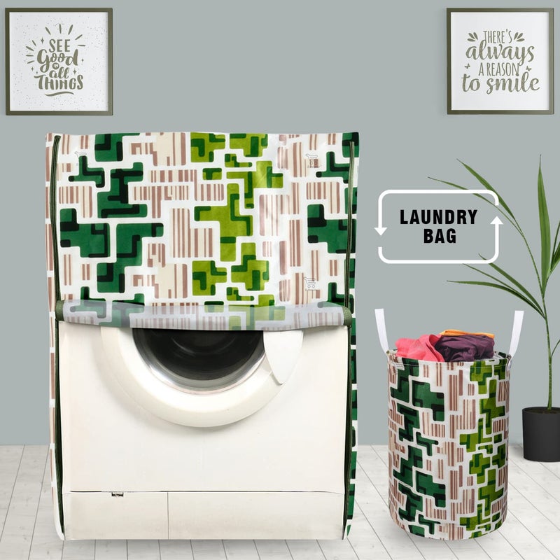 E-Retailer ERetailer Exclusive Polyester Combo Set of 1 Pc Front Load Washing Machine Cover and 1 Pc Foldable Laundry BagColorGreen Geometric Set Contains2 Pcs  - Image 1