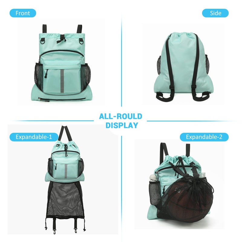 ASKSKY Drawstring Backpack, Waterproof Sandproof Beach Backpack for Sport Gear Small Gym Bag with Hidden Ball Net Pocket and Seperated Wet Pocket Draw String Back Bag for Women Men, Green - Image 5