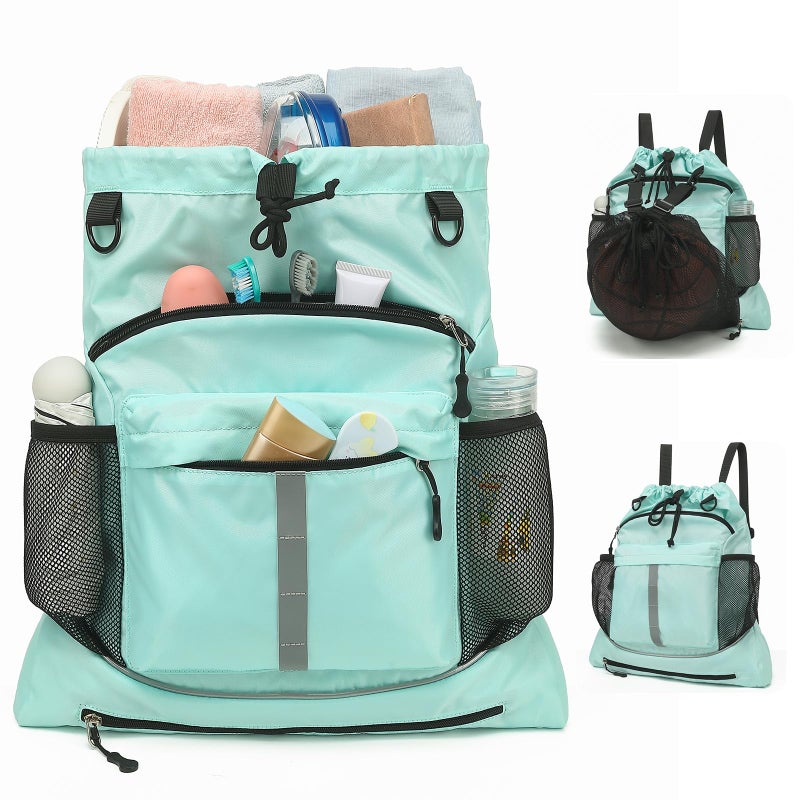 ASKSKY Drawstring Backpack, Waterproof Sandproof Beach Backpack for Sport Gear Small Gym Bag with Hidden Ball Net Pocket and Seperated Wet Pocket Draw String Back Bag for Women Men, Green - Image 1