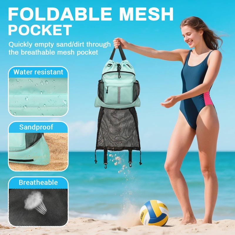 ASKSKY Drawstring Backpack, Waterproof Sandproof Beach Backpack for Sport Gear Small Gym Bag with Hidden Ball Net Pocket and Seperated Wet Pocket Draw String Back Bag for Women Men, Green - Image 2