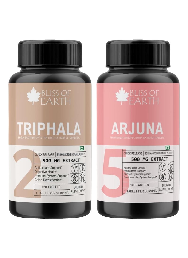 BLISS OF EARTH - Bliss of Earth High Potency Combo of Triphala Extract Tablets 500mg and Arjuna Bark Extract Tablets 500mg, 120 Count Each - Image 1