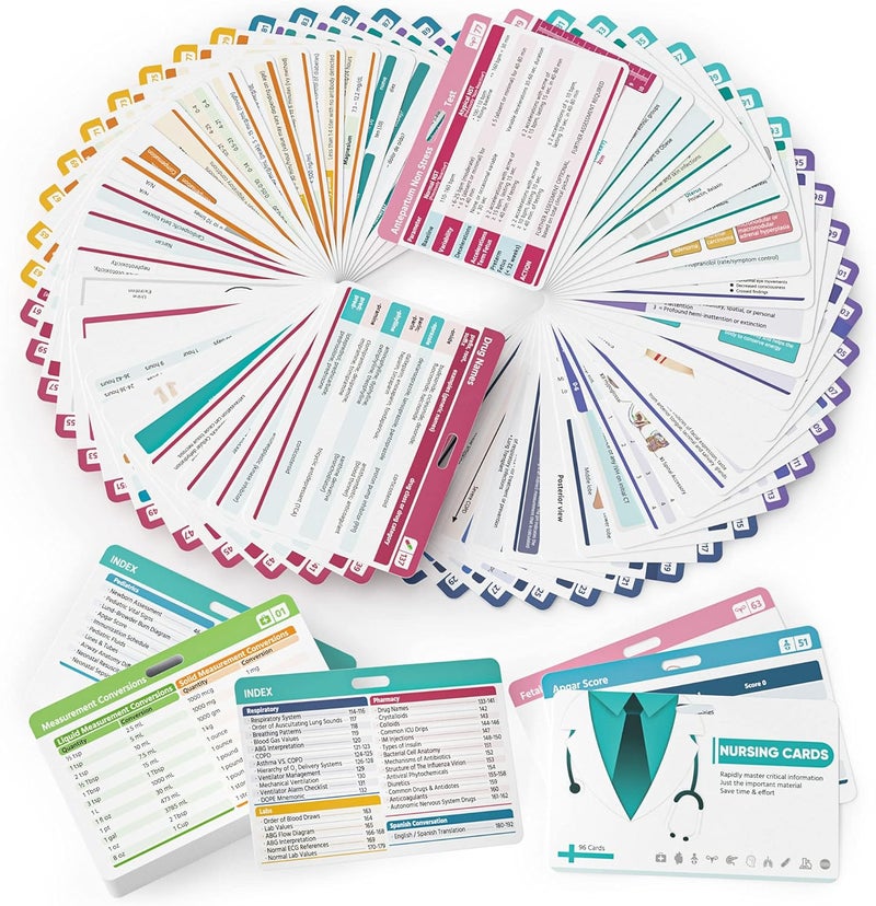 Nano Shield 96 Nursing Badge Reference Cards, Nursing School Essentials Set- Lab Values, EKG, Spanish Translation and More, Great Nursing Student Gifts - Image 1