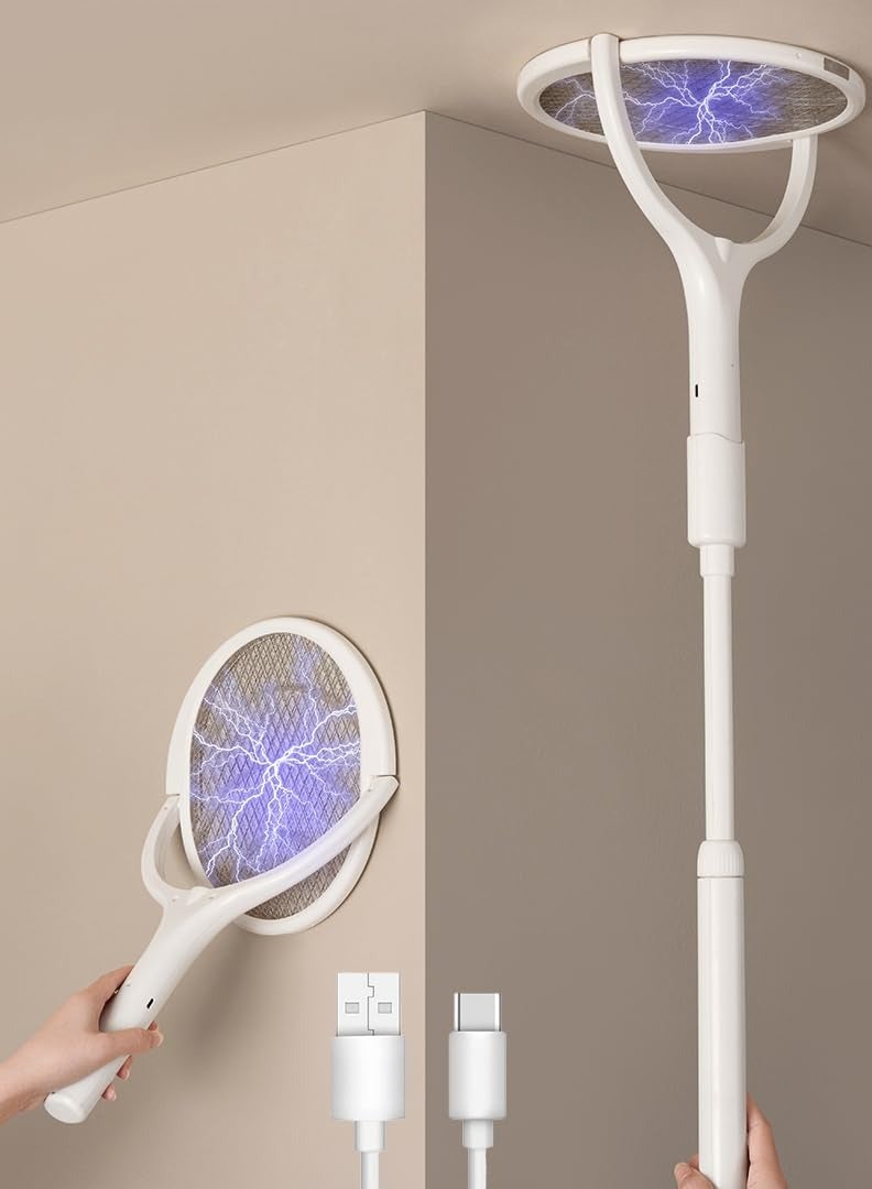 Rotating Head Electric Fly Swatter Racket Rechargeable Bug Zapper Racket Bug Zapper Indoor Fly Zapper Mosquito Zapper Flies Killer for Indoors, with a Telescopic Extension - Image 1