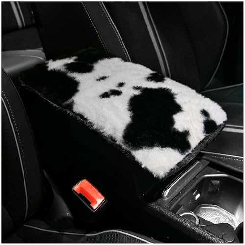 SuperKaKa Furry Cow Print Armrest Cover for Car Plush Cute Center Console Pad Cars Interior Accessories for Women MenProtector Fit Most Auto Vehicle SUV Truck Arm Rest BoxBlackWhite - Image 1