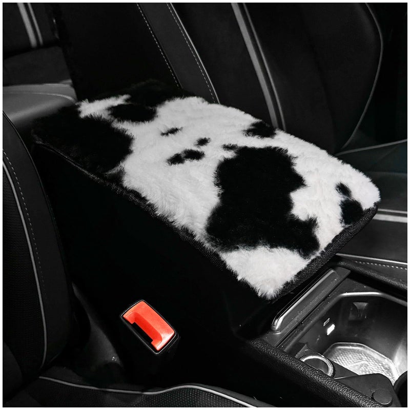 SuperKaKa Furry Cow Print Armrest Cover for Car Plush Cute Center Console Pad Cars Interior Accessories for Women MenProtector Fit Most Auto Vehicle SUV Truck Arm Rest BoxBlackWhite - Image 3
