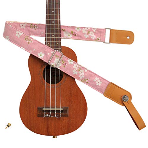 MUSIC FIRST Original Design Vintage “Pink Sakura” Soft Muslin & Genuine Leather Ukulele Strap Ukulele Shoulder Strap With a MUSIC FIRST Genuine Leather Str. Locker - Image 1