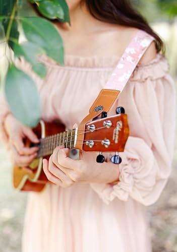 MUSIC FIRST Original Design Vintage “Pink Sakura” Soft Muslin & Genuine Leather Ukulele Strap Ukulele Shoulder Strap With a MUSIC FIRST Genuine Leather Str. Locker - Image 2