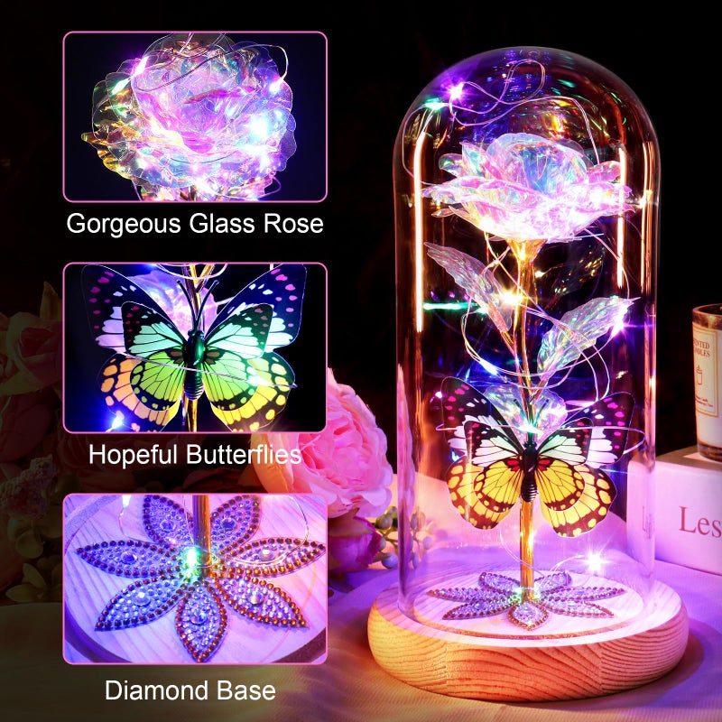 Beferr Beferr Mothers Day Flowers Gifts for Women Birthday Gifts  Galaxy Rose Eternal Flower Gift Light Up Rose with Butterfly in Glass Dome Mothers Day Ideas Gifts for Mom Grandma Wife Sister Friends - Image 2