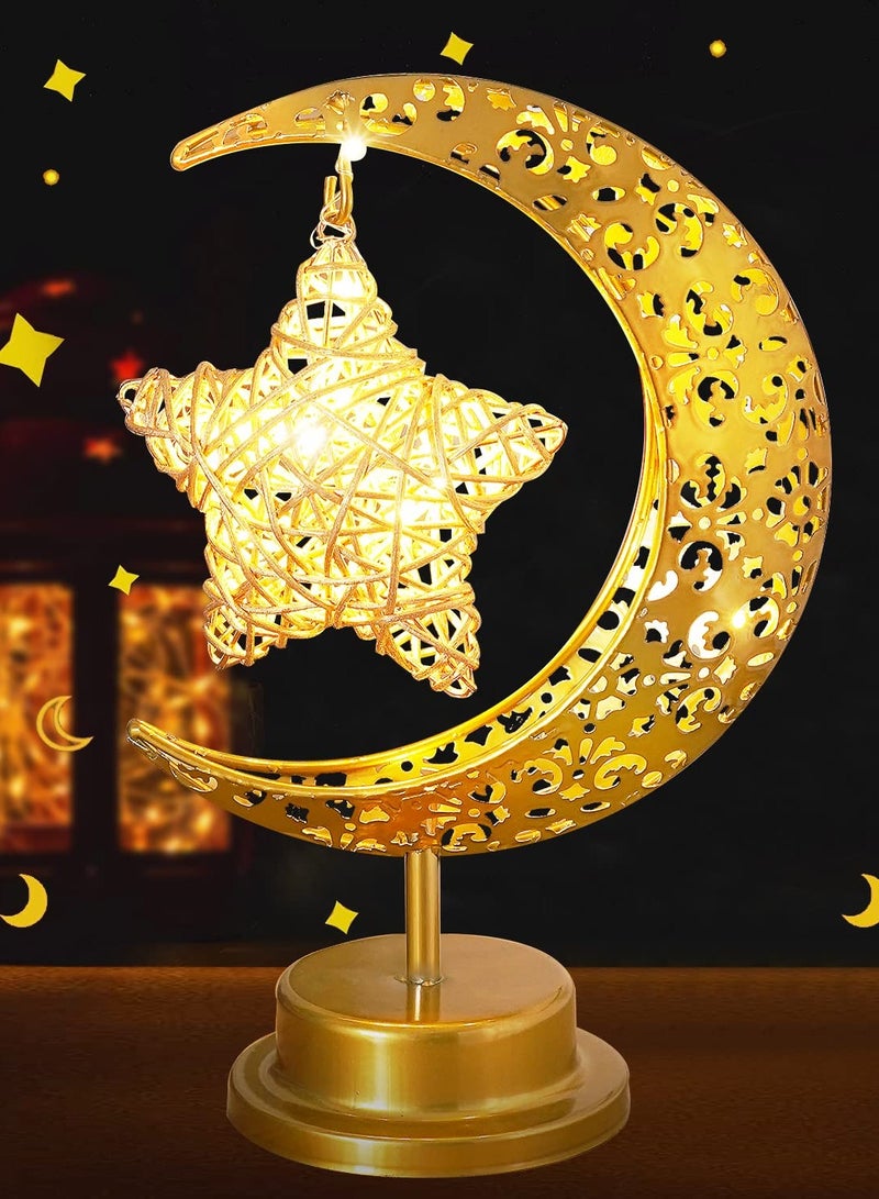 يواوليتي أضواء ليلية رمضانية، أضواء زينة رمضانية، مصباح طاولة ذهبي على شكل قمر ونجمة للديكور المنزلي في الأعياد (أبيض دافئ) - Image 1