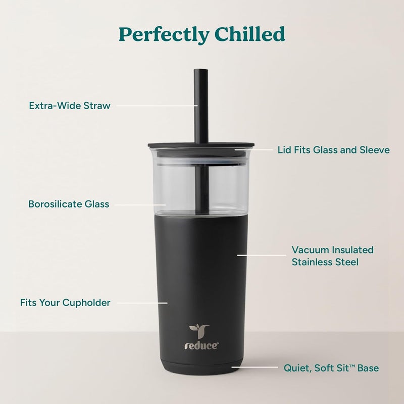 Reduce Aspen 20 oz Vacuum Insulated Glass Tumbler with Lid & Extra Wide Straw - Keeps Drinks Cold for 12 Hrs - Ideal for Iced Coffee, Smoothies & Boba - Dishwasher Safe, Soft Base - Phantom - Image 2