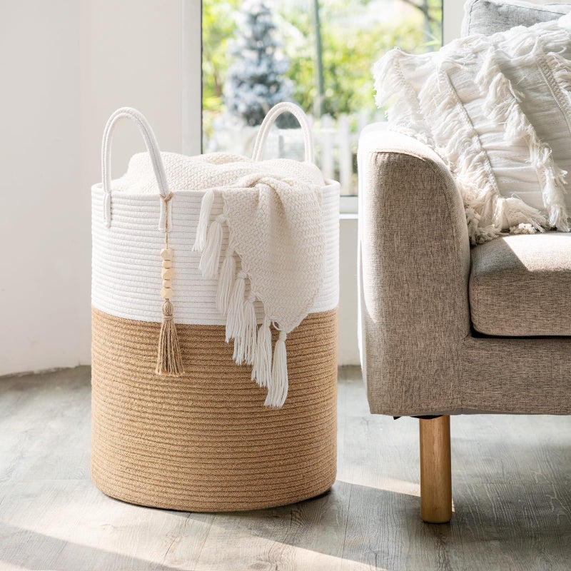 Goodpick Woven Laundry Basket Decorative Blanket Basket for Living Room, Tall Storage Basket for Clothes, Toys, Towels, Wicker Laundry Hamper 16 x 20 Inches, White and Jute - Image 2