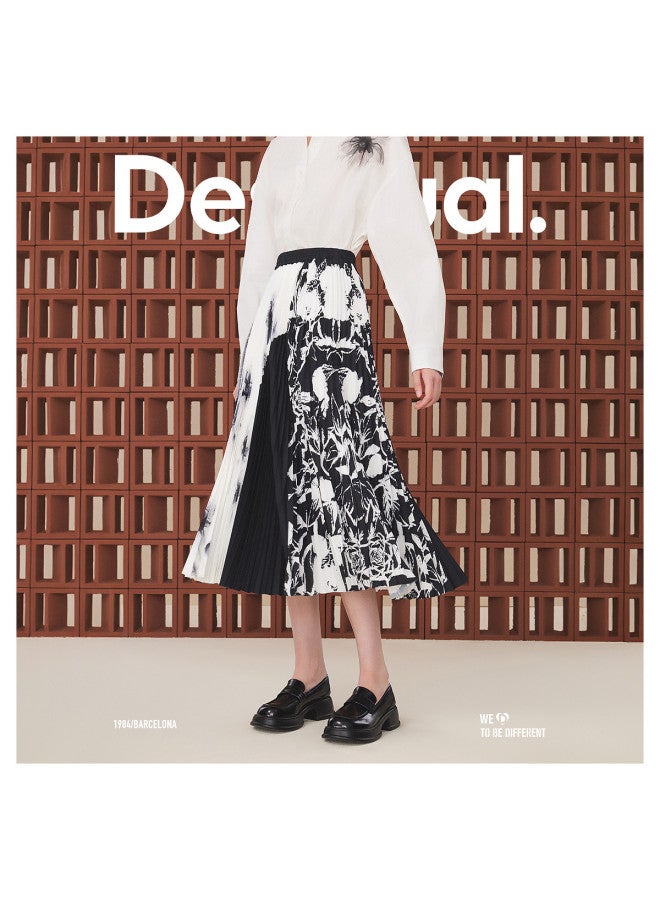 DESIGUAL black And White Patch Print Pleated Elastic Waist Long Midi Skirt - Image 2