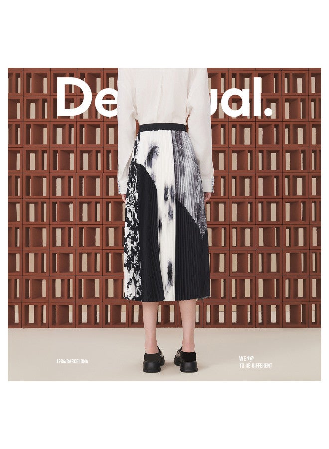DESIGUAL black And White Patch Print Pleated Elastic Waist Long Midi Skirt - Image 5