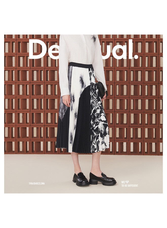 DESIGUAL black And White Patch Print Pleated Elastic Waist Long Midi Skirt - Image 4