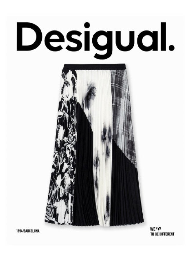 DESIGUAL black And White Patch Print Pleated Elastic Waist Long Midi Skirt - Image 1